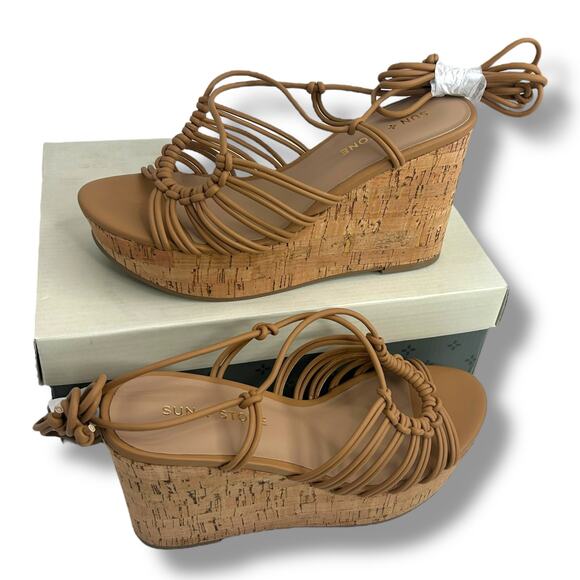 NEW Sun + Stone Strappy Lace Up Wedge Sandals SZ 7 Brown Wrap Around Boho Heels - Picture 4 of 12